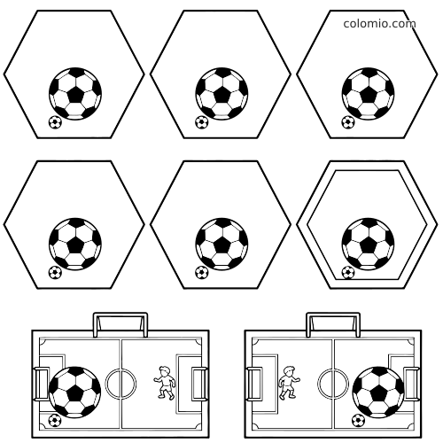 Folha em preto e branco de contagem com seis hexágonos mostrando bolas de futebol e duas cenas de campo na parte inferior.