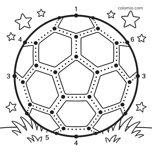 Bola de futebol em atividade de ligue os pontos, com números, estrelas ao redor e grama na parte de baixo.