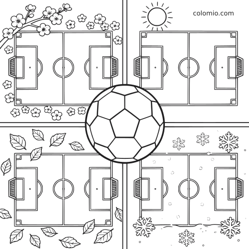 Página em preto e branco com uma bola de futebol grande no centro e quatro campos representando primavera, verão, outono e inverno.