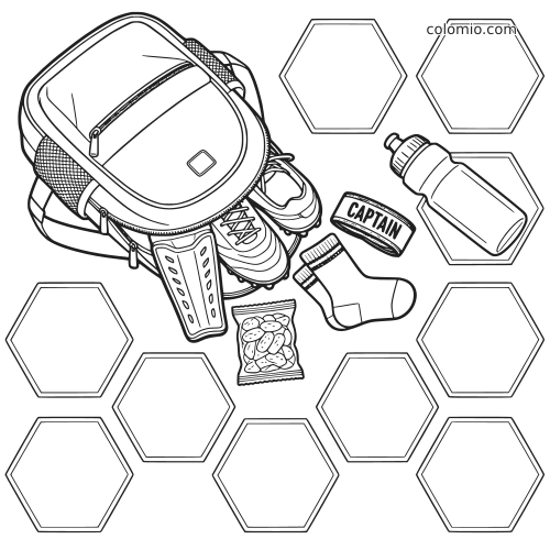 Conjunto de itens de futebol em preto e branco com mochila, caneleiras, chuteiras, garrafa, meia, braçadeira de capitão e lanche.