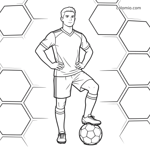 Ilustração em preto e branco de um jogador de futebol em pose de herói, com um pé sobre a bola e fundo de hexágonos.