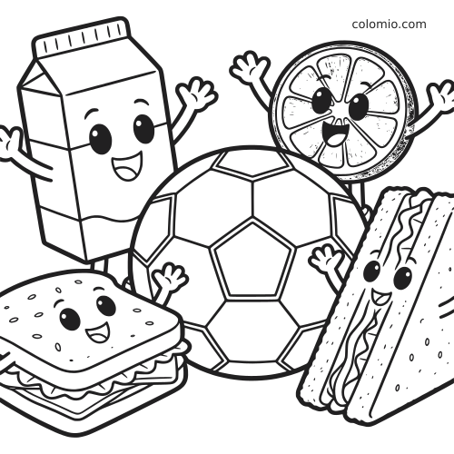 Uma bola de futebol em preto e branco cercada por lanches sorridentes, como caixa de leite, fatia de laranja, sanduíche e cachorro-quente.
