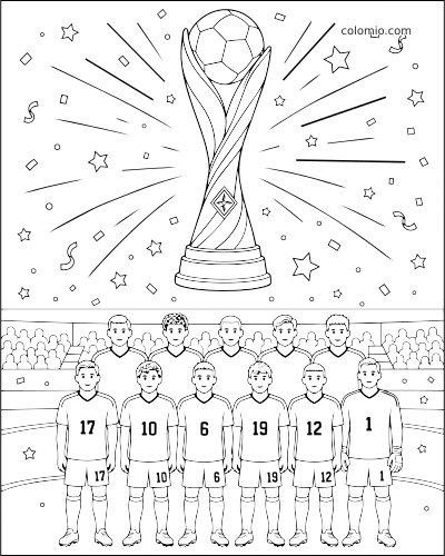 Une équipe de football pose dans un stade sous un grand trophée surmonté d’un ballon, avec des étoiles et des confettis autour. Une équipe de football pose dans un stade sous un grand trophée surmonté d’un ballon, avec des étoiles et des confettis autour.