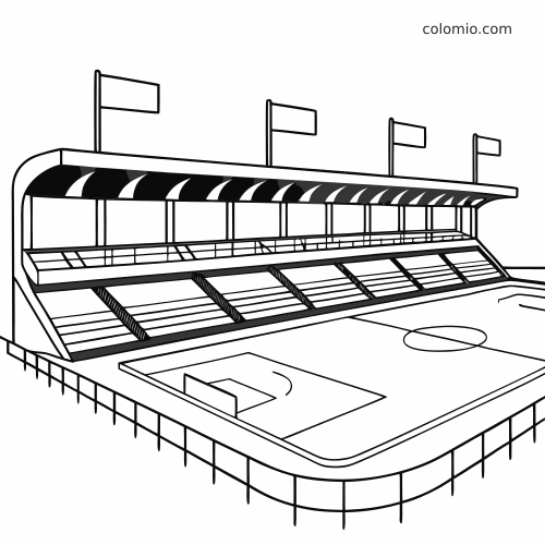 Black-and-white line drawing of a Barcelona ringed soccer stadium in side view with covered stands, flags, and the field.