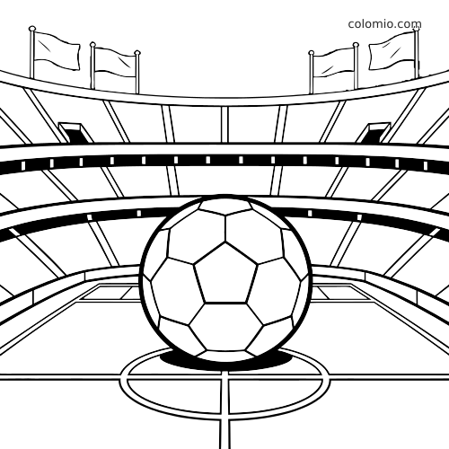 Black-and-white coloring page of a Barcelona-style tiered soccer stadium with a large ball at midfield and flags above.
