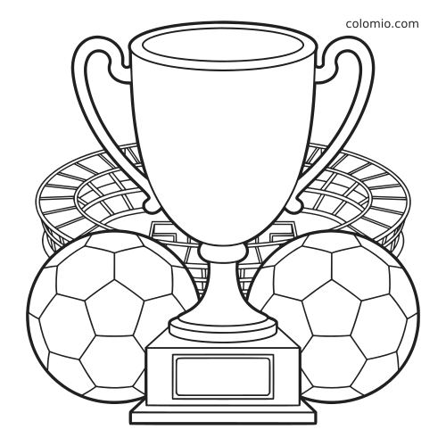 A large soccer cup trophy stands in front of a stadium with two soccer balls, shown in a clean detailed line drawing.