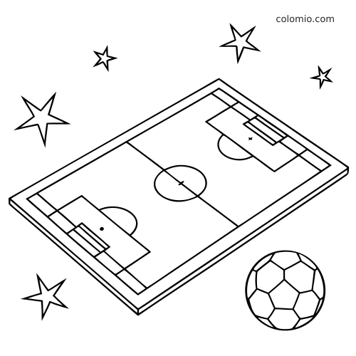 Simple line drawing of a football field with the center circle, goals, stars, and a soccer ball in the corner.