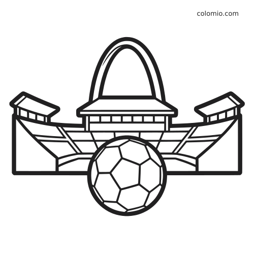Black-and-white line art of a London arch stadium with a large soccer ball in front, drawn in a simple cartoon style.