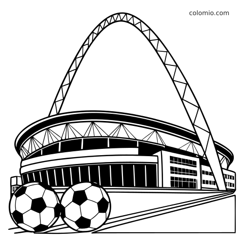 Black-and-white coloring page of a London arched stadium from a low angle, with two soccer balls in the foreground.