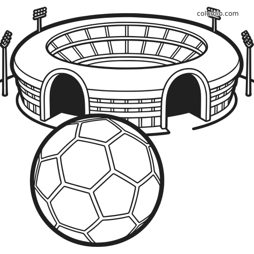 Black-and-white line drawing of a Munich diamond pattern stadium with floodlights and a large soccer ball in front.
