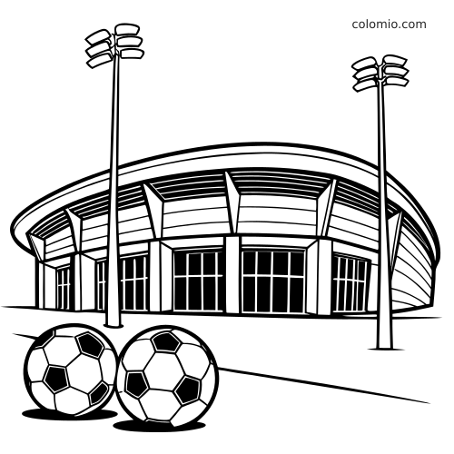 Black and white line drawing of the Munich diamond tiled stadium with tall floodlights and two soccer balls in front.