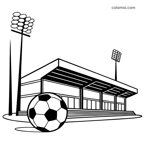 Black and white panoramic football stadium scene with a large soccer ball in front, grandstand roof, and tall floodlights.