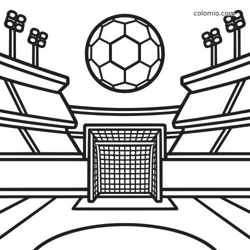 Black-and-white panoramic soccer stadium scene with a centered goal, grandstands, floodlights, and a large ball above.
