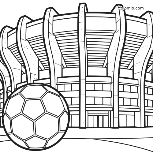 Black-and-white coloring page of Paris Princes Stadium from the outside, with a large soccer ball in the foreground.