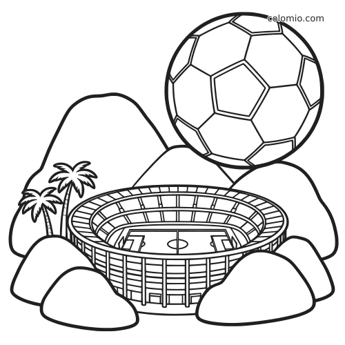Black-and-white coloring page of a Rio-style mountain stadium with palm trees, rounded hills, and a giant soccer ball above.