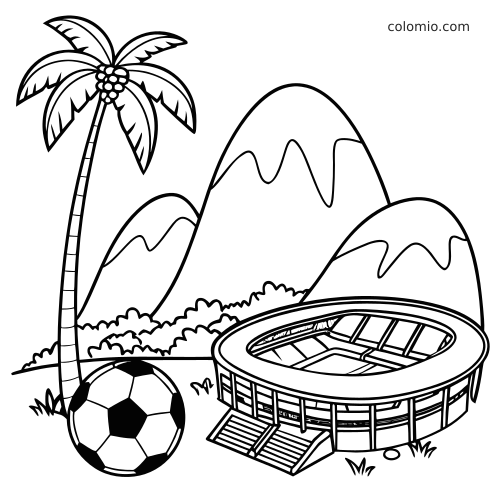 Black-and-white coloring page of a Rio mountainside stadium with a palm tree, soccer ball, and rounded mountain peaks.