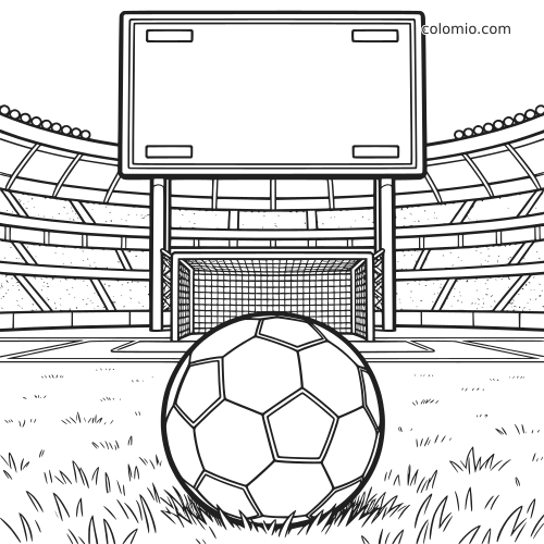 A soccer ball on the grass in front of a goal and large scoreboard at a stadium entrance, shown in a simple line-art style.