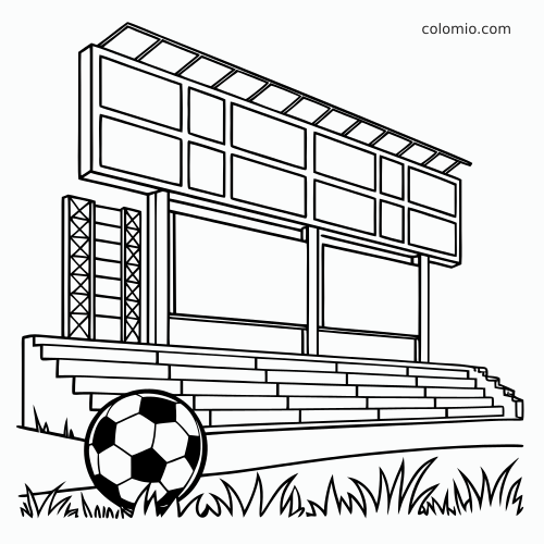 Black-and-white line drawing of a soccer stadium scoreboard and entrance gate with steps and a ball in the foreground.