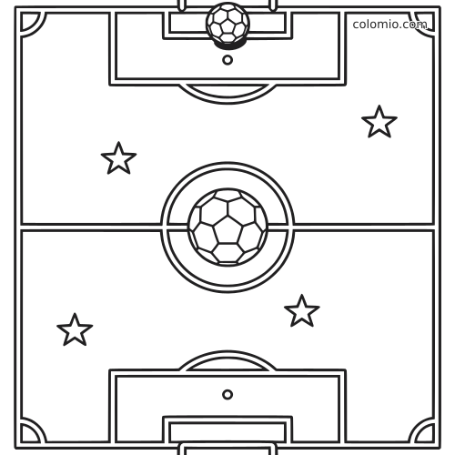 Top view of a soccer field with a large center circle, soccer balls, goals, and star shapes in a simple outline style.