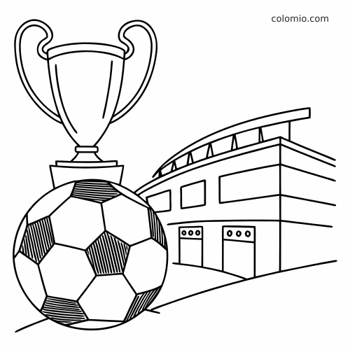 A large soccer ball beneath a trophy beside a modern stadium building in a clean poster-style line drawing.