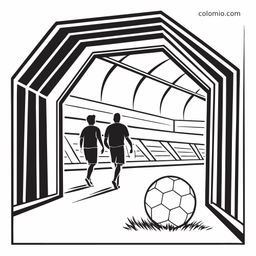 Black-and-white stadium tunnel exit scene with two soccer players walking toward the field and a soccer ball in the foreground.