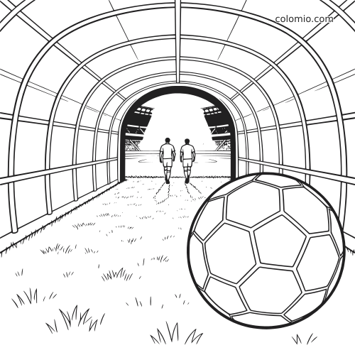 Black-and-white soccer stadium tunnel scene with two players walking onto the field and a large ball in the foreground.