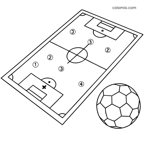 Top-down tactical football field diagram with numbered player positions, arrows, and a soccer ball in simple line art.