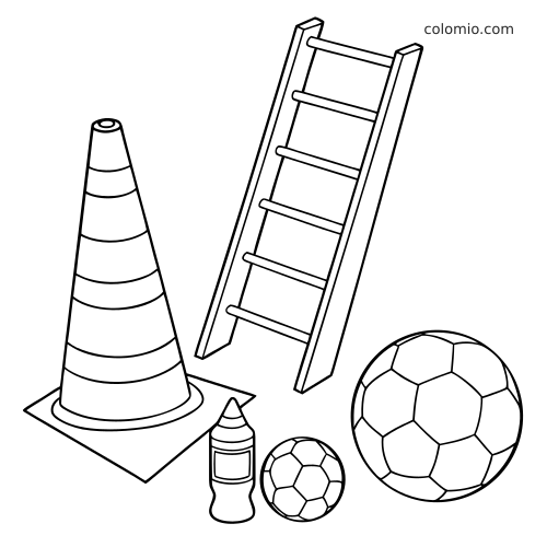 Ilustração em preto e branco com cone de treino, escada de agilidade, garrafa de água e duas bolas de futebol.
