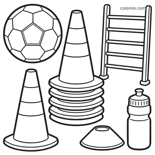 Ilustração em preto e branco de equipamentos de treino de futebol com bola, cones, escada de agilidade, marcador de disco e garrafa de água.