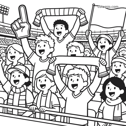 Desenho em preto e branco de uma torcida esportiva no estádio, com fãs segurando cachecóis, uma bandeira e uma mão de espuma.