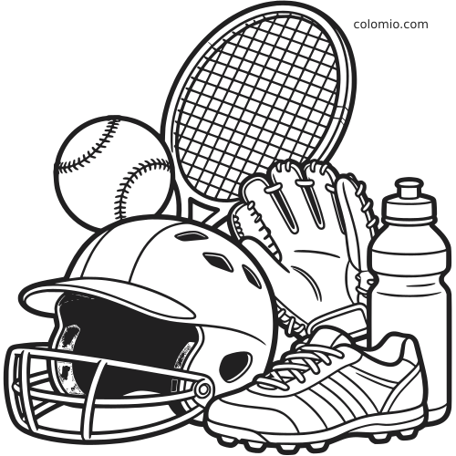 Ilustração em preto e branco de equipamentos esportivos com capacete de futebol americano, bola de beisebol, raquete, luva, chuteira e garrafa.