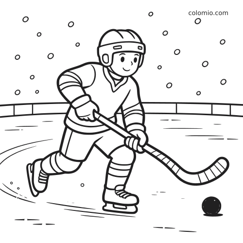 Ilustração de um jogador sueco de bandy patinando no gelo com taco e bola, usando capacete e uniforme de inverno.