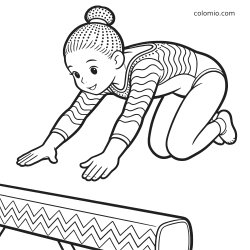 Uma ginasta em estilo cartoon está ajoelhada com as mãos à frente, perto da mesa de salto, em traço simples e detalhado.