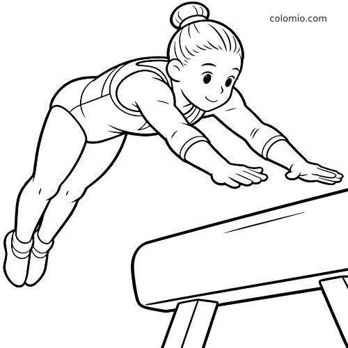 Ilustração em preto e branco de uma ginasta de coque saltando à frente sobre a mesa de salto, com os braços estendidos.