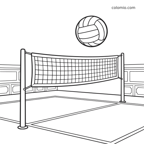 Desenho de uma quadra de vôlei indoor com rede esticada entre os postes e uma bola de vôlei acima.