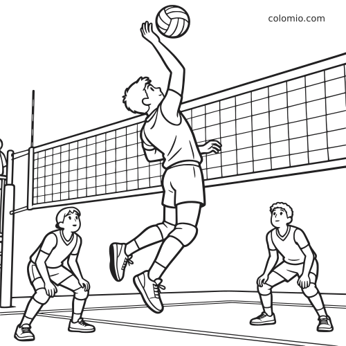 Desenho em preto e branco de um jogador de vôlei dando uma cortada na rede, com dois companheiros prontos na quadra.