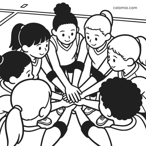 Vista de cima em preto e branco de um time feminino de vôlei em roda, com as mãos empilhadas juntas na quadra.