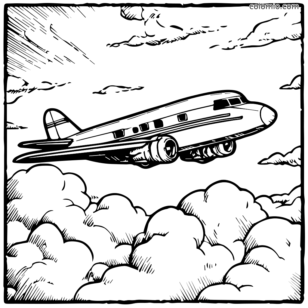Uma página para colorir com um avião voando acima de nuvens fofas em um céu claro.