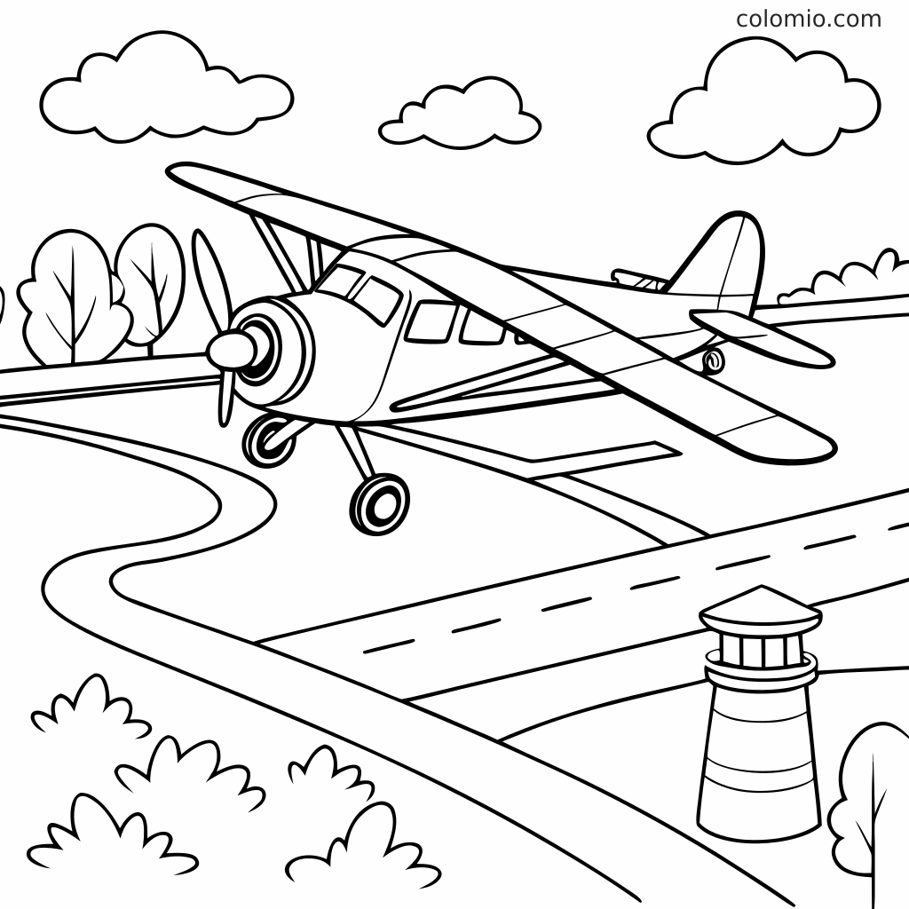 Målarbild av ett litet flygplan parkerat nära en landningsbana på flygplatsen, med moln, träd, buskar och ett kontrolltorn synligt.