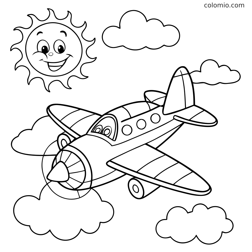 Målarbild som visar ett propellerflygplan som flyger bland moln med en leende sol på himlen.