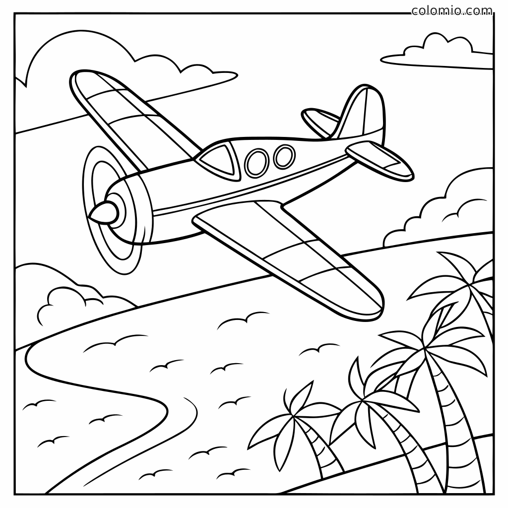 Ett flygplan flyger över en tropisk ö med palmer, moln och en slingrande kustlinje på en svartvit målarbild.