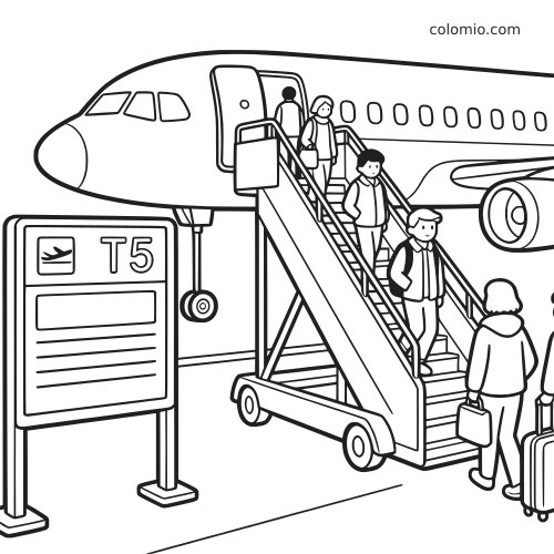 Cena em preto e branco de embarque no aeroporto, com passageiros subindo a escada para entrar no avião ao lado da placa T5.