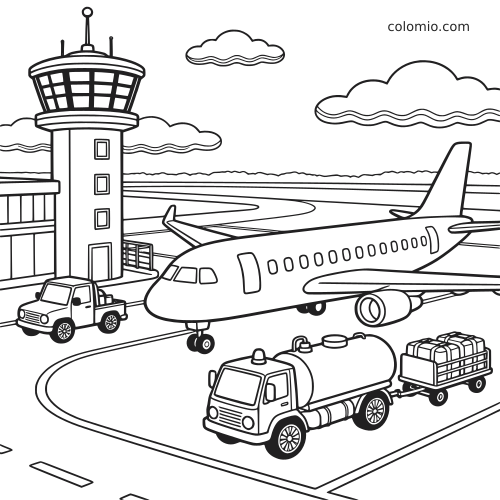 Cena de aeroporto em traços simples com avião de passageiros, torre de controle, caminhão-tanque, picape e carreta de bagagens.