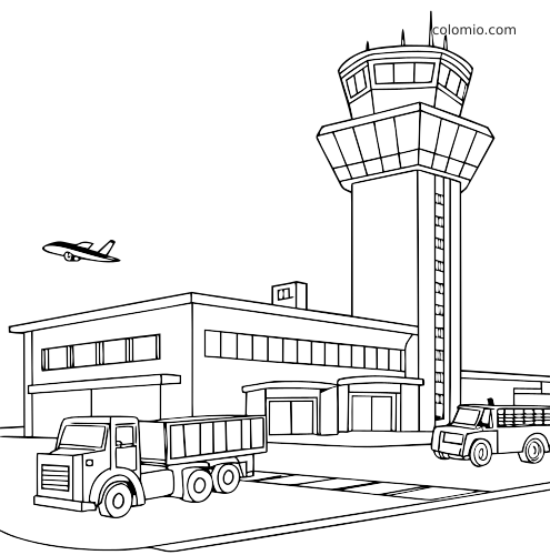 Cena de aeroporto em traço com torre de controle alta, terminal, caminhões de serviço e um pequeno avião voando ao fundo.
