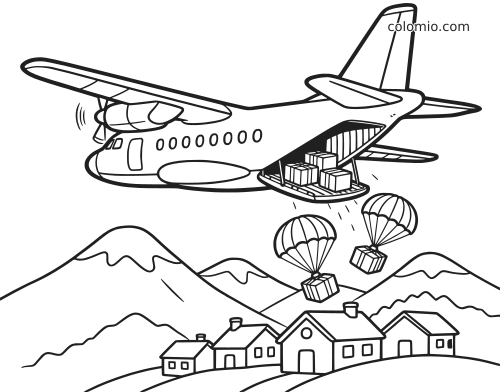 Um avião de carga com a rampa traseira aberta solta caixas de suprimentos com paraquedas sobre uma vila nas montanhas.