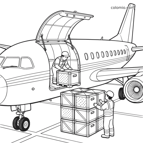 Ilustração em preto e branco de um avião cargueiro na pista, com trabalhadores carregando caixas pela escotilha lateral aberta.