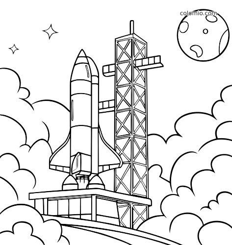 Um foguete em estilo cartoon ao lado de uma torre de lançamento, com nuvens de fumaça, estrelas e a lua no céu.
