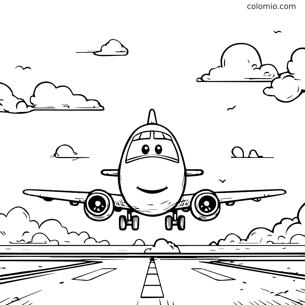 Een lachend cartoonvliegtuig dat boven een landingsbaan vliegt met wolken in de lucht, ontworpen om in te kleuren.