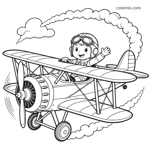 Um biplano em estilo cartoon com um piloto sorrindo e acenando enquanto faz acrobacias no ar, com fumaça e nuvens ao redor.