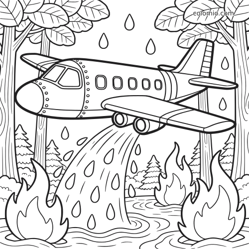 Avião de combate a incêndio voando entre árvores altas e despejando água sobre as chamas em uma floresta.